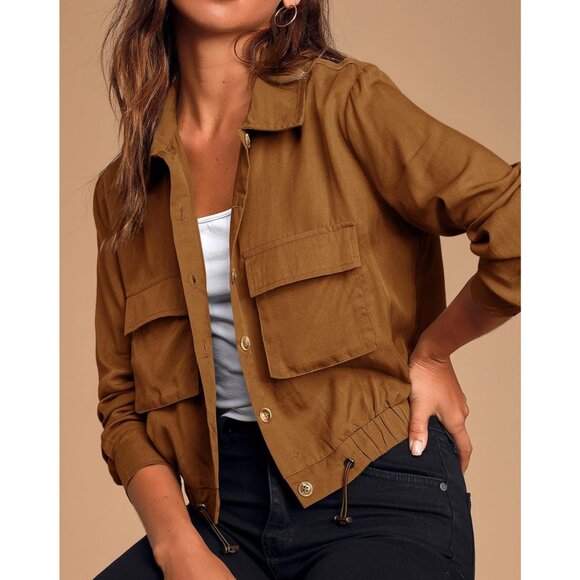 Women's Dark Brown Military Safari Cropped Jackets Button Down Lightweight - Picture 3 of 4